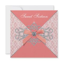 Coral Diamonds Coral Sweet 16 Birthday Party Custom Invitation