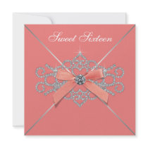 Coral Diamonds Coral Sweet 16 Birthday Party Personalized Invite