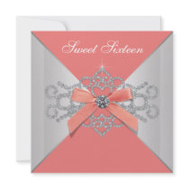 Coral Diamonds Coral Sweet 16 Birthday Party Invitations