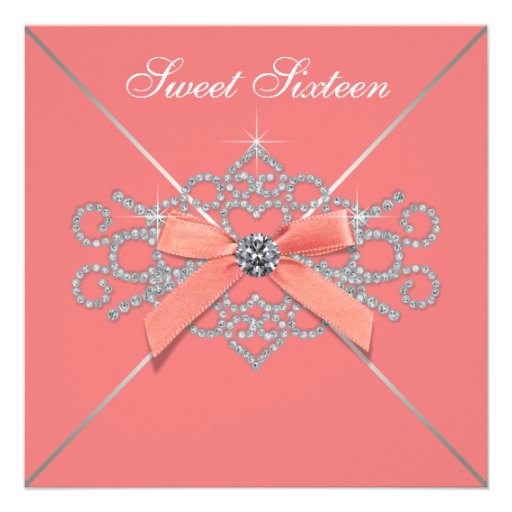 Coral Diamonds Coral Sweet 16 Birthday Party Personalized Invite