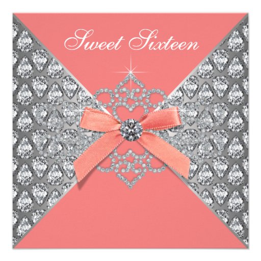 Coral Diamonds Coral Sweet 16 Birthday Party Personalized Invitation