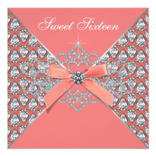 Coral Diamonds Coral Sweet 16 Birthday Party Custom Announcements