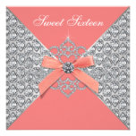 Coral Diamonds Coral Sweet 16 Birthday Party Custom Invites