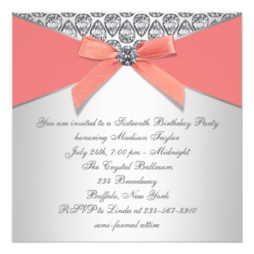 Coral Diamonds Coral Sweet 16 Birthday Party Custom Invites