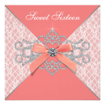 Coral Diamonds Coral Sweet 16 Birthday Party Custom Invitation