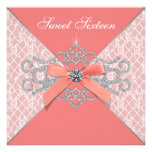 Coral Diamonds Coral Sweet 16 Birthday Party Custom Invitation