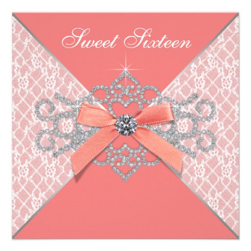 Coral Diamonds Coral Sweet 16 Birthday Party Custom Invitation (front side)