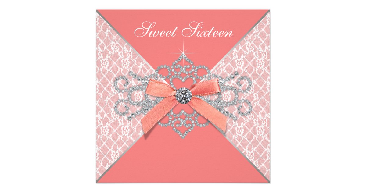 Coral Diamonds Coral Sweet 16 Birthday Party Custom Invitation