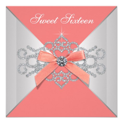 Coral Diamonds Coral Sweet 16 Birthday Party Invitations (front side)