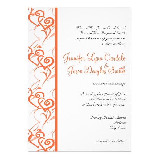 Coral Double Hearts Swirls Wedding Invitations