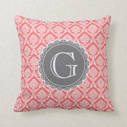 Coral Floral Damask Pattern Grey Monogram Throw Pillows