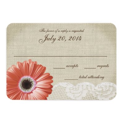 Coral Gerbera Daisy and Lace Wedding Response Card Custom Announcements