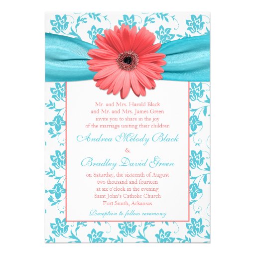 Coral Gerbera Daisy Aqua Floral Wedding Invitation (front side)