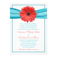 Coral Gerbera Daisy Aqua Ribbon Wedding Invitation