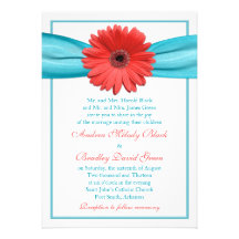 Coral Gerbera Daisy Aqua Ribbon Wedding Invitation