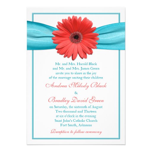Coral Gerbera Daisy Aqua Ribbon Wedding Invitation (front side)