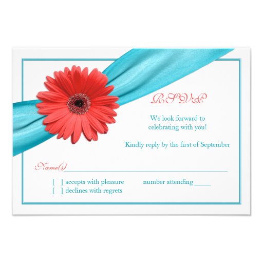 Coral Gerbera Daisy Aqua Ribbon Wedding Reply Card