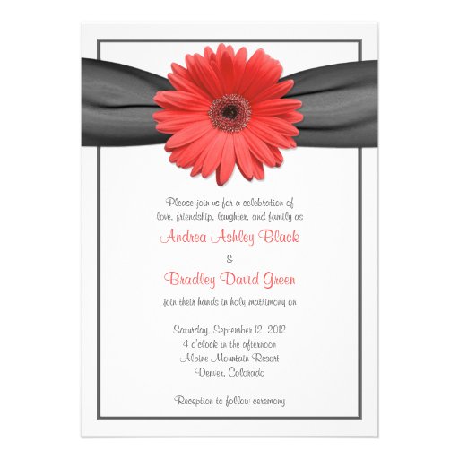 Coral Gerbera Daisy Grey Ribbon Invitation (front side)