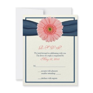 Coral Gerbera Daisy Navy Ribbon Response Card invitation