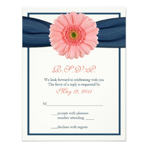Coral Gerbera Daisy Navy Ribbon Response Card Personalized Announcement