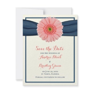 Coral Gerbera Daisy Navy Ribbon Save the Date Card invitation