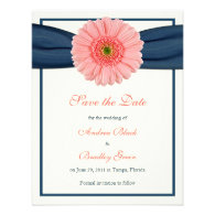 Coral Gerbera Daisy Navy Ribbon Save the Date Card Invites