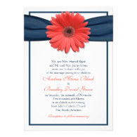 Coral Gerbera Daisy Navy Ribbon Wedding Invitation