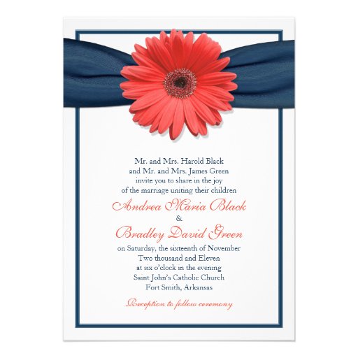 Coral Gerbera Daisy Navy Ribbon Wedding Invitation