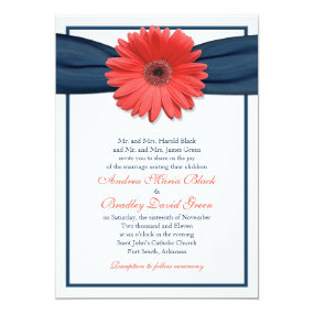 Coral Gerbera Daisy Navy Ribbon Wedding Invitation