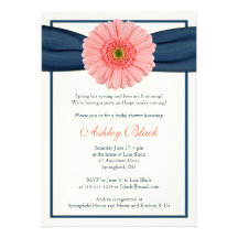 Coral Gerbera Navy Ribbon Bridal Shower Invitation