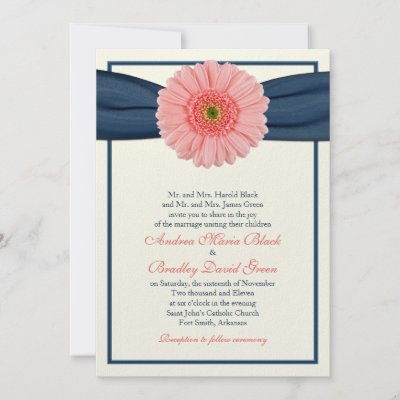 Coral Gerbera Navy Ribbon Wedding Invitation by wasootch