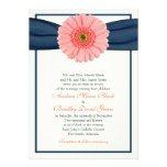 Coral Gerbera Navy Ribbon Wedding Invitation