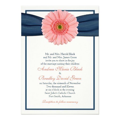 Coral Gerbera Navy Ribbon Wedding Invitation (front side)