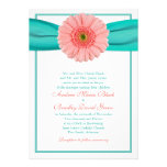 Coral Gerbera Turquoise Ribbon Wedding Invitation