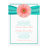 Coral Gerbera Turquoise Ribbon Wedding Invitation