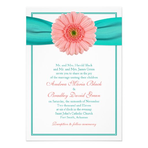 Coral Gerbera Turquoise Ribbon Wedding Invitation (front side)