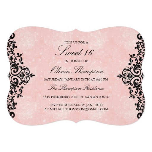 Coral Glitter Chevron & Damask Sweet16 Invitation