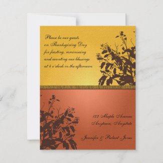 Coral Gold Textured Background and Brown Leaves invitation
