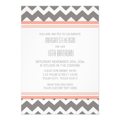 Coral Gray Chevron 16th Birthday Party Invitations