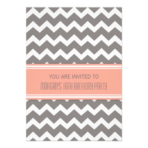Coral Gray Chevron 16th Birthday Party Invitations (front side)
