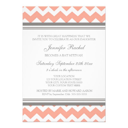 Coral Gray Chevron Bat Mitzvah Invitations
