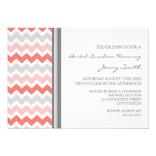 Coral Gray Chevron Bridal Lunch Invitation Cards