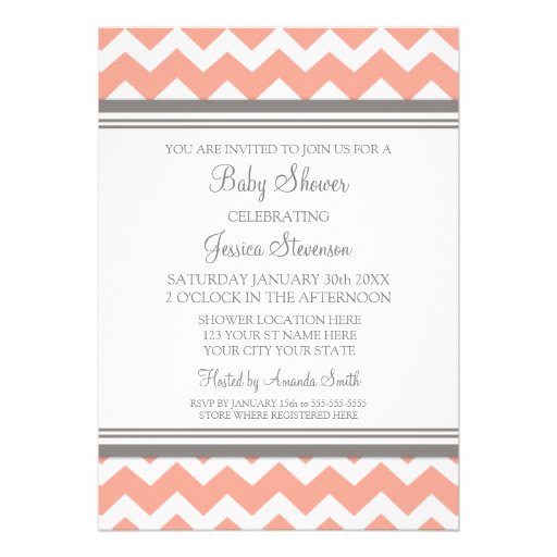 Coral Gray Chevron Custom Baby Shower Invitations