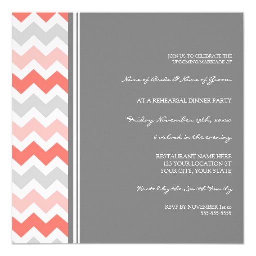 Coral Gray Chevron Rehearsal Dinner Party Personalized Invites