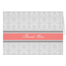 Coral Gray Damask Baby Shower Thank You Card