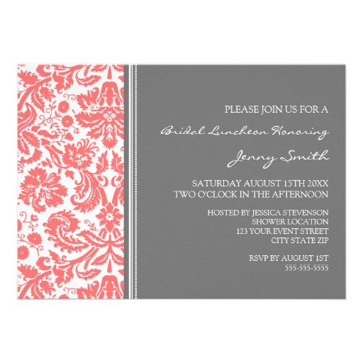 Coral Gray Damask Bridal Lunch Invitation