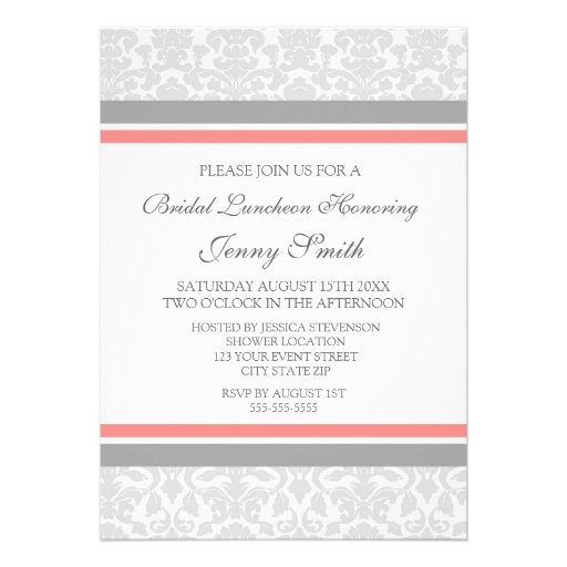 Coral Gray Damask Bridal Lunch Invitation Cards