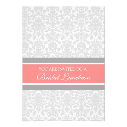 Coral Gray Damask Bridal Lunch Invitation Cards