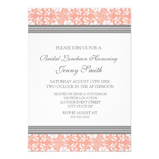 Coral Gray Damask Bridal Lunch Invitation Cards