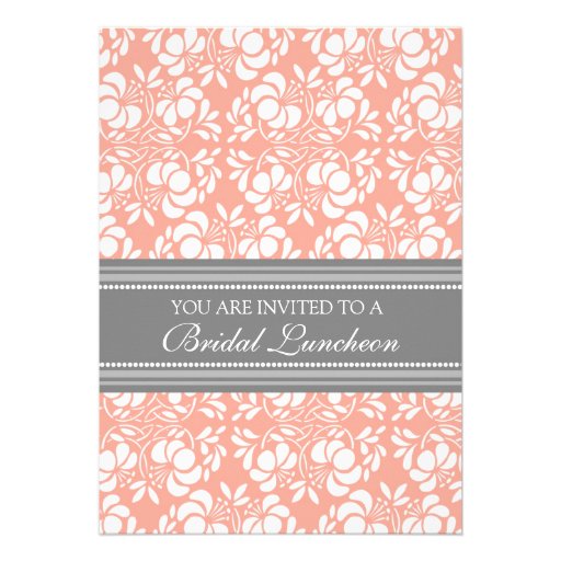 Coral Gray Damask Bridal Lunch Invitation Cards